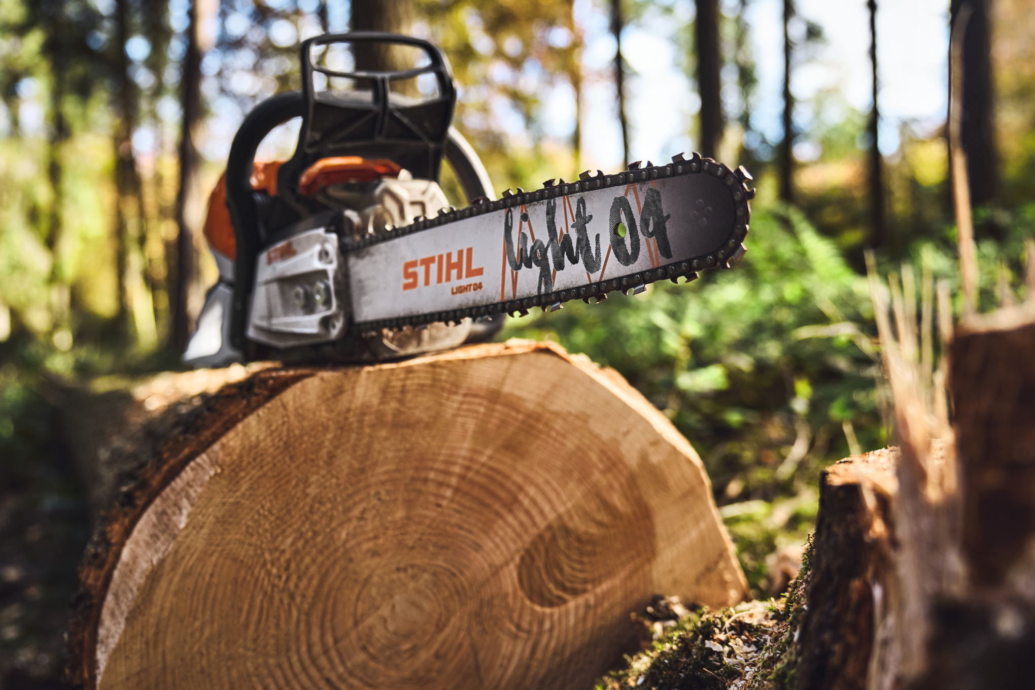 Gros plan d'une tronçonneuse STIHL avec le guide lumineux 04 sur une souche d'arbre en forêt