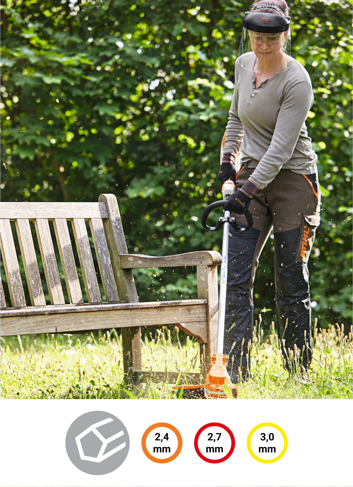 Frau mäht Rasen an einer Bank mit der STIHL Akku-Motorsense FSA 86 R