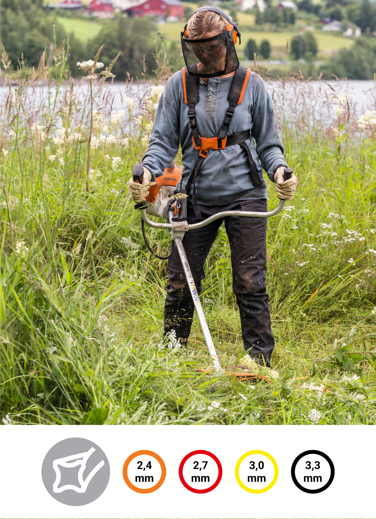 Frau mit STIHL Gesichts- und Gehörschutz mäht Rasen mit einem STIHL Benzin-Freischneider FS 240