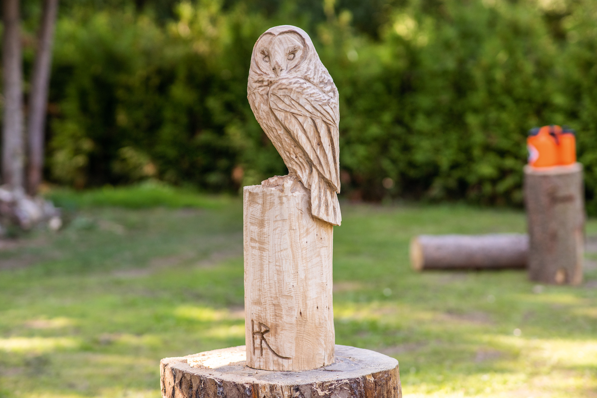 Sculpture en bois hibou sur son socle.