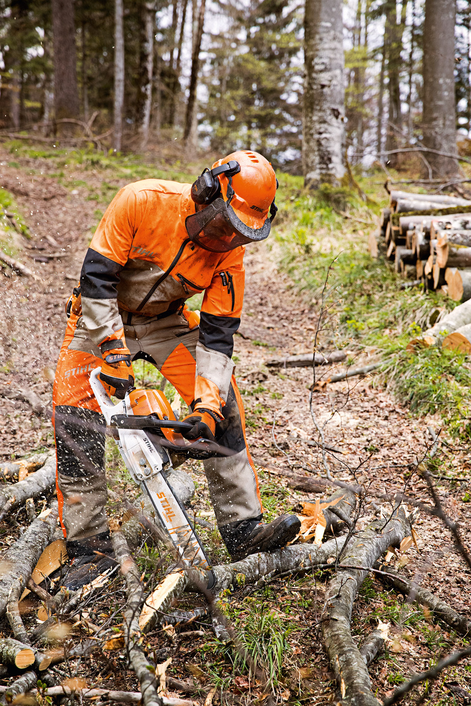 Un homme porte un EPI complet lors de son travail en forêt
