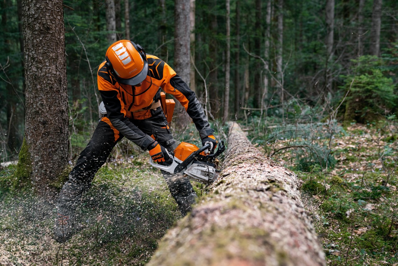 Un homme en équipement de protection scie un tronc d’arbre abattu avec une tronçonneuse à essence STIHL MS 400 C-M avec piston en magnésium