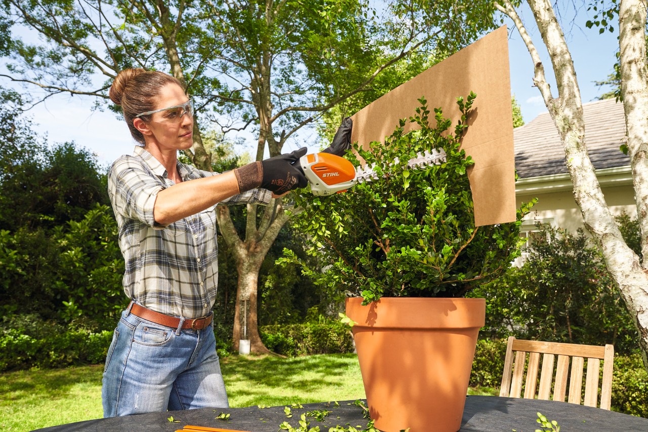 Femme taillant un buis en boule avec le sculpte-haies à batterie HSA 26 de STIHL à l’aide d’un gabarit en carton