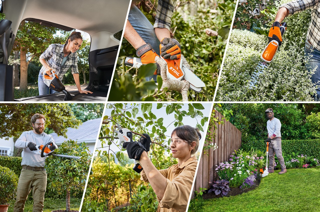 Personnes effectuant différents travaux de jardinage, par exemple la taille de mise en forme et l’entretien des bordures, avec les appareils à batterie du système AS Légende de l’image : Les appareils du système AS sont polyvalents et peuvent être utilisés pour divers travaux de jardinage 